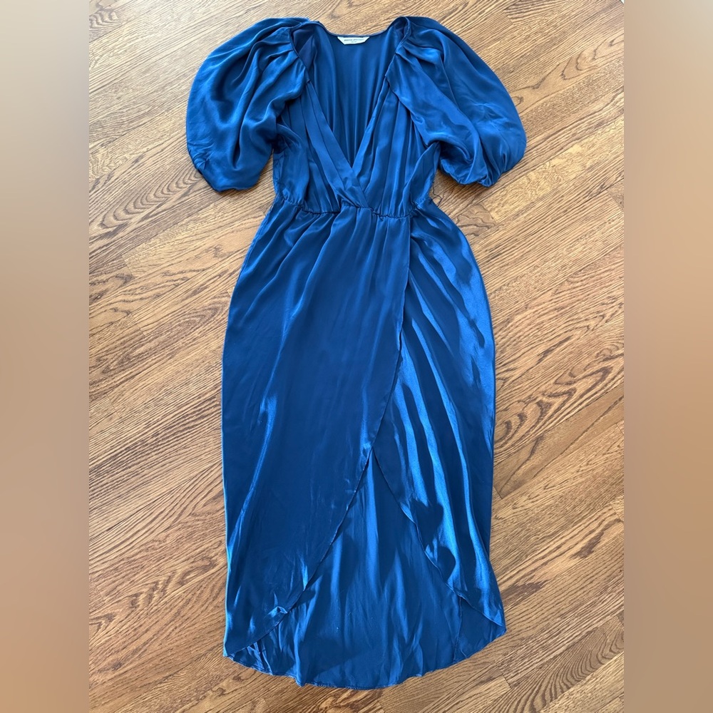 AMANDA‎ UPRICHARD Durand Silk Midi Dress Cocktail Tulip Hem Wrap Formal Blue L